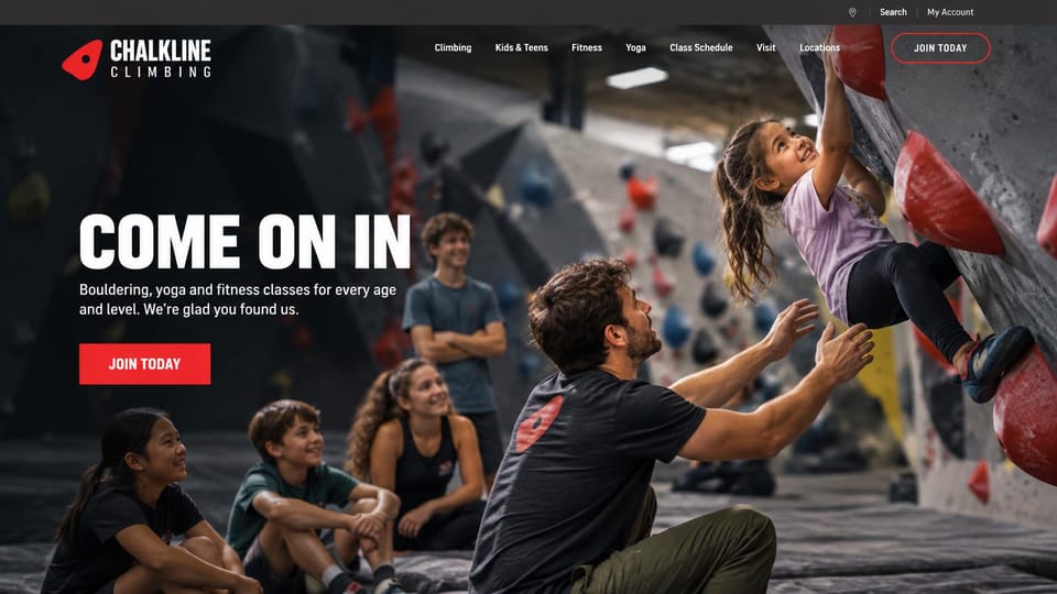 Fitness website design, climbing gym with kids and adults on the wall: a bouldering wall with a child climbing and a coach spotting, bold white headline and red button
