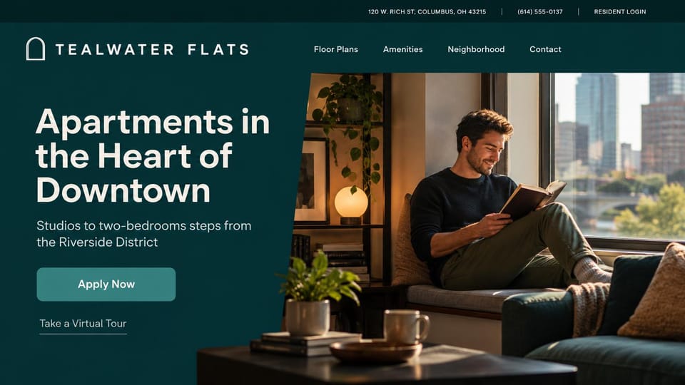Apartment website design, downtown flats with a resident reading by the window: deep teal page, address and resident login in a top bar, a large white sans headline, a teal apply button and a man reading in a window seat with towers behind