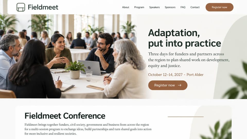 Event website design, philanthropy conference in calm brown and sage: warm white page, photo of colleagues talking at a round table on the left, dark green headline, serif text, brown register button, soft sage leaf shapes