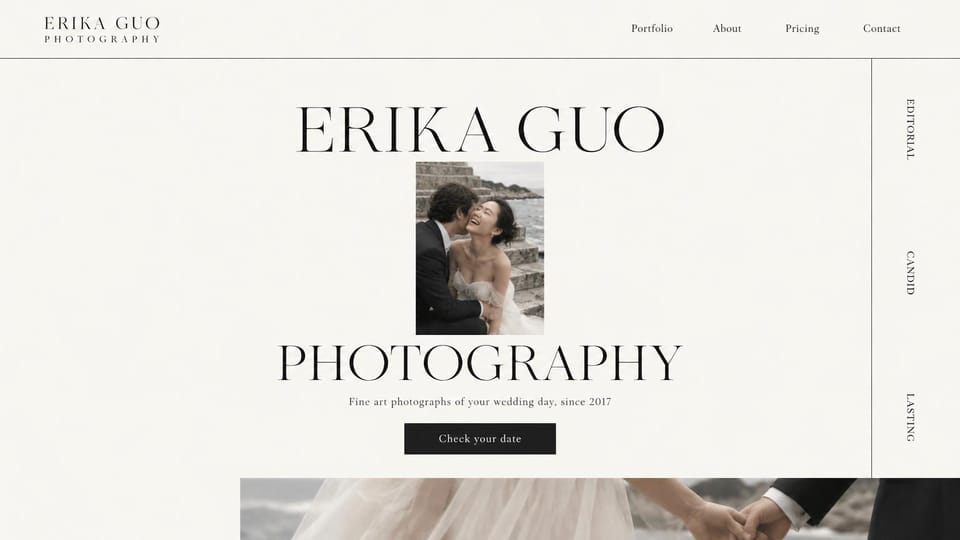 Wedding photographer website design, fine art wedding photographer with a stacked name and photo: off-white page, a large black serif name above a small photo of a couple kissing and the word photography below, a black button and three vertical words on a right rail