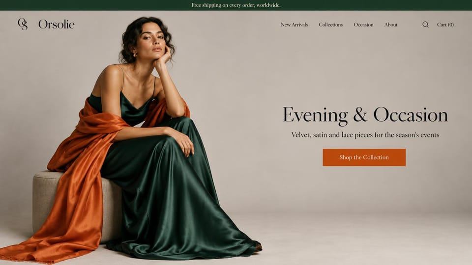 Fashion website design, evening and occasion wear on a plain studio backdrop: beige studio, a woman in a deep green satin slip gown and burnt orange silk wrap on a round ottoman, a dark green top bar, a serif headline at right and an orange button