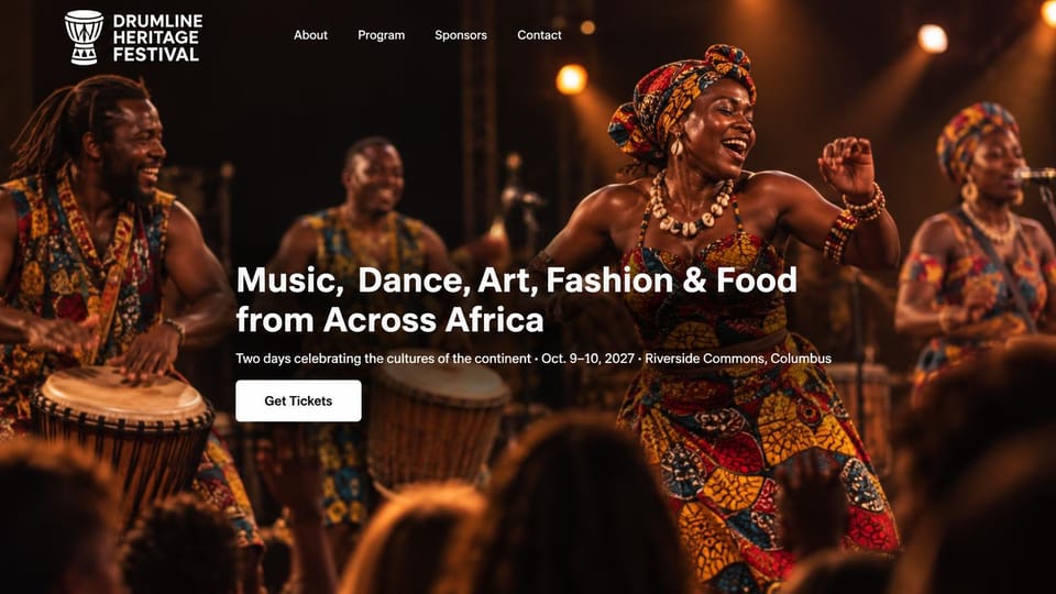 Event website design, african culture festival with drummers on stage: dark warm stage photo of djembe drummers and a dancer in a bold print dress, white sans headline, white ticket button