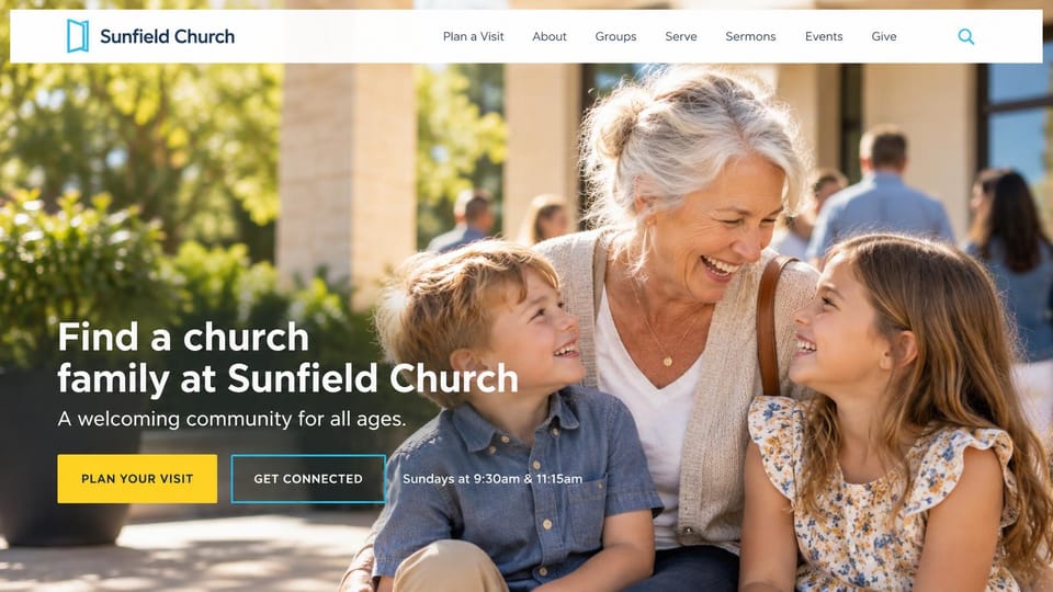 Church website design, family church in bright daylight: a grandmother and two children in sunlight, white headline, yellow and outlined buttons