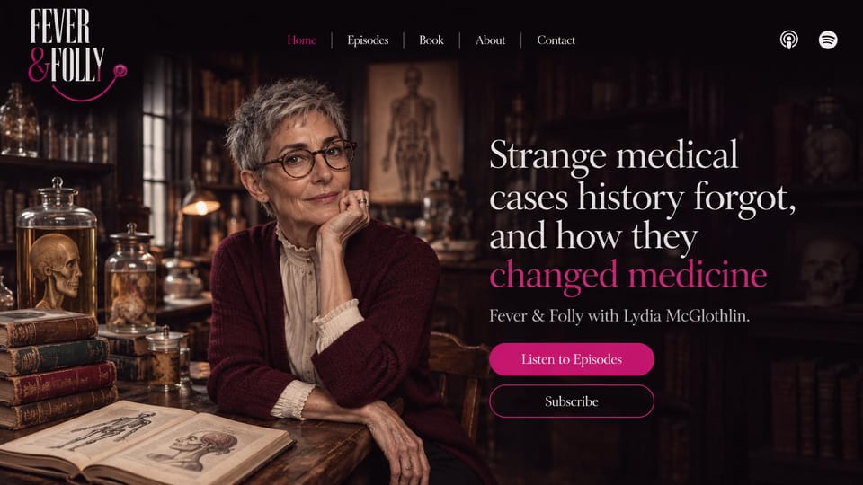 Podcast website design, medical history show in plum: dark plum and black, a woman with glasses among anatomy books and a cream and pink serif headline
