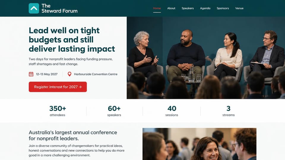 Event website design, nonprofit leaders conference with key numbers: dark teal header, light panel with a teal headline and red button, four panelists in armchairs on a teal stage, stats row below