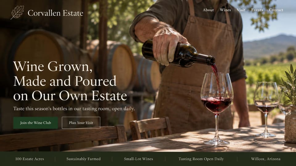 Winery and brewery website design, estate winery with a club button and a facts bar: warm dark photo of a winemaker in an apron pouring red by oak barrels, a large cream serif headline, a green club button, an outlined visit button and a dark green facts bar
