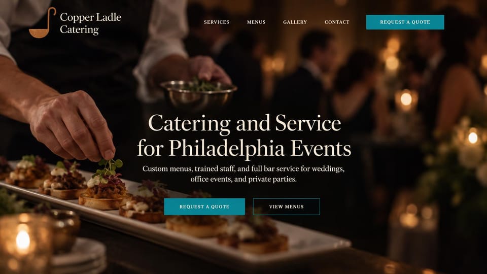 Catering website design, event catering with the city in the headline: dark amber photo of a chef garnishing canapés, a centered cream serif headline and teal buttons