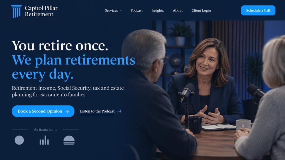 Financial advisor website design, retirement planning with a podcast: dark navy page, white and bright blue serif headline, blue button, podcast link and a podcast recording photo, with a row of abstract marks