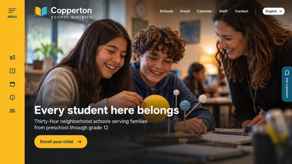 School website design, school district with a yellow side rail: yellow icon rail, a dim classroom photo of two students and a teacher with a solar system model, a white headline and yellow button