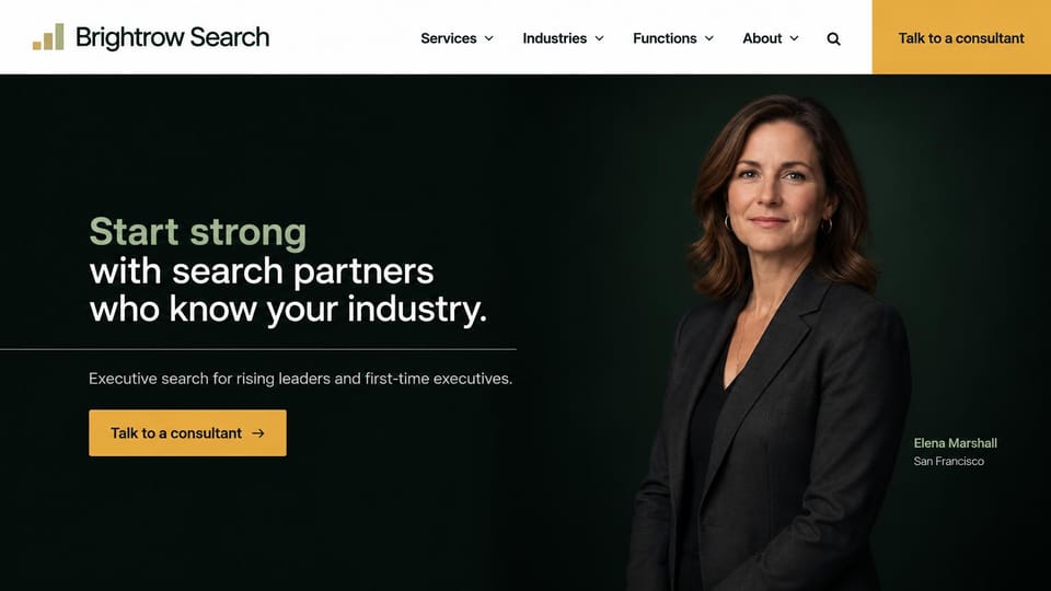 Recruiting website design, executive search in deep green and gold: white menu bar over a deep green hero, a sage and white headline, a gold button and a portrait of a woman executive with a name caption