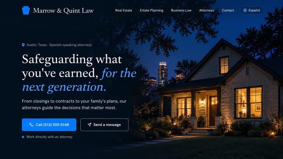 Law firm website design, neighborhood practice with Spanish support: navy and electric blue, a lit home at night with the city behind it and a Spanish language toggle