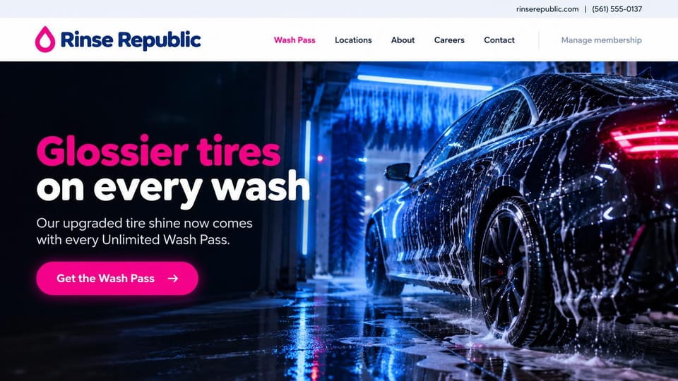 Car detailing website design, wash pass upgrade in neon pink: white header, a dark neon wash tunnel with a foam-covered black car, a pink and white headline, a glowing pink pass button