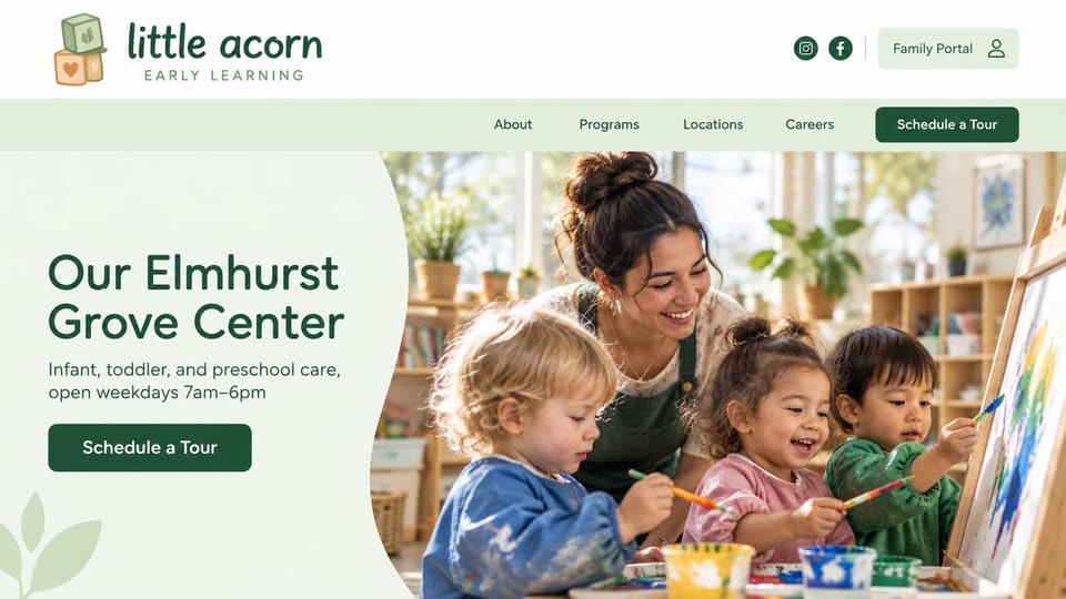 Daycare website design, childcare center with hours and a family portal: white and pale green header, a teacher with toddlers painting at an easel beside a mint curved panel, green button