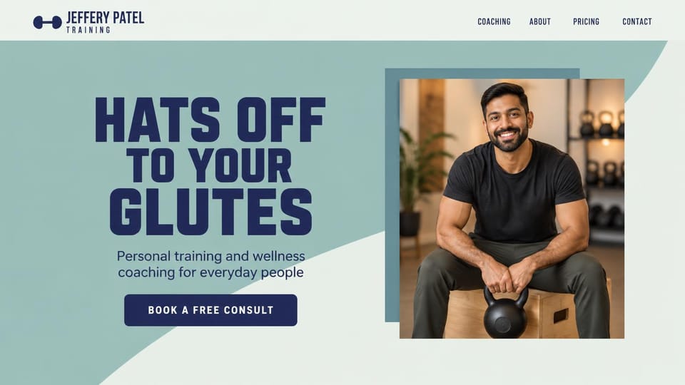 Personal trainer website design, everyday personal training with a playful glutes headline: pale sage page with a teal curve, a huge navy block headline, a navy consult button, a framed portrait of a smiling trainer sitting on a box with a kettlebell