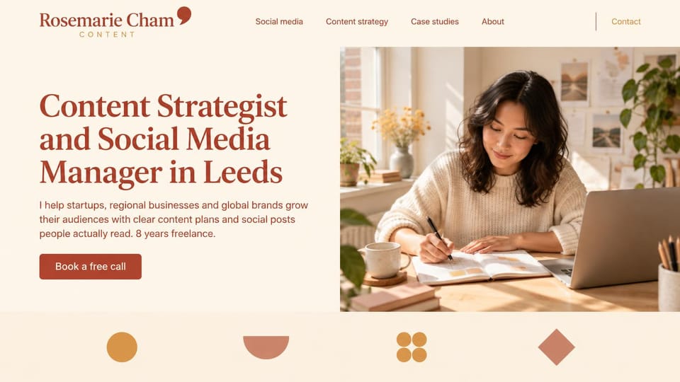 Marketing portfolio website design, content and social media manager with the city in the headline: cream page, a rust serif headline, a rust button and a woman writing in a planner at a sunny desk, simple shapes below