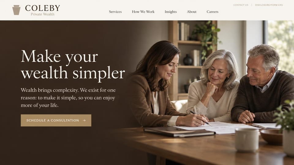 Financial advisor website design, wealth management in warm brown: cream header, dark warm brown wash over a woman advisor with an older couple, white serif headline and tan button