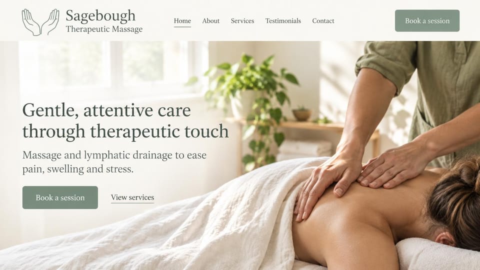 Massage therapist website design, massage and lymphatic drainage in soft sage: ivory page, a charcoal serif headline, a sage button and an outlined services link over a sunlit photo of a therapist working on a woman's back