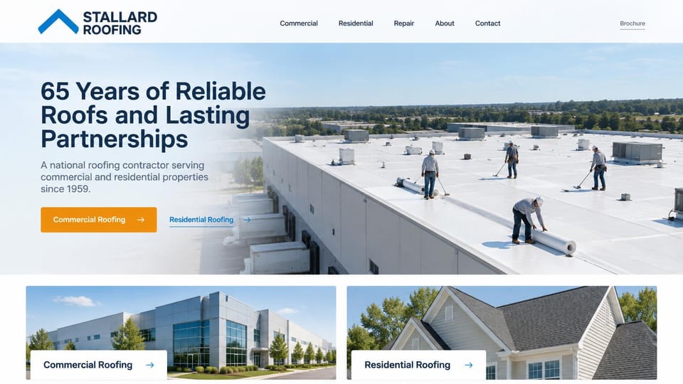 Roofing website design, national roofer with commercial and home paths: white page, a navy headline, an orange commercial button and a blue residential link, a crew rolling white membrane across a vast warehouse roof, two photo cards below