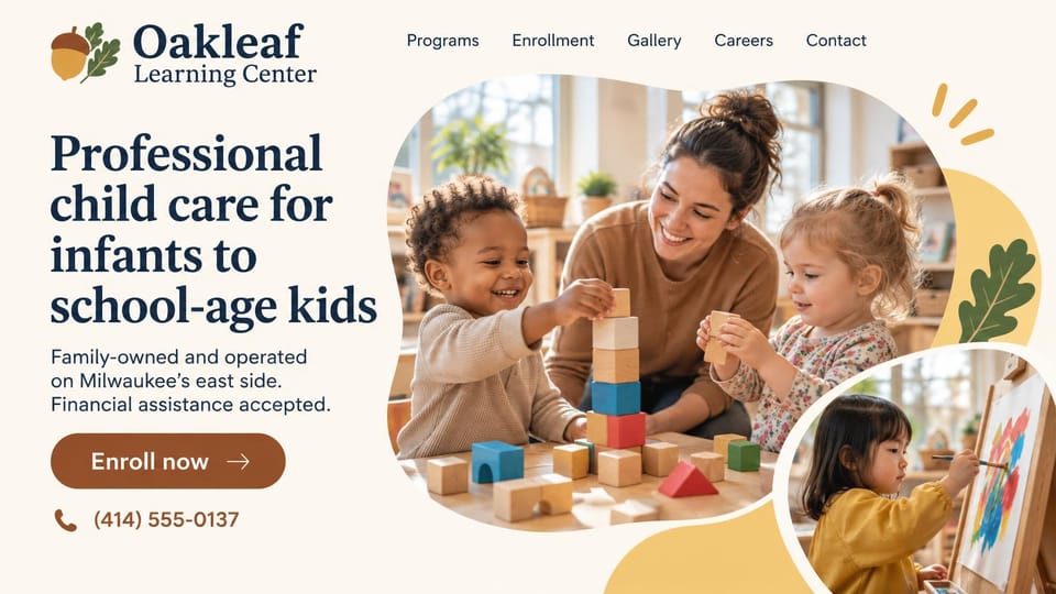 Daycare website design, family-owned childcare from infants to school-age kids: cream page, a large navy serif headline, a brown pill button and phone link, a blob photo of a teacher stacking colored blocks with two toddlers, a round inset of a girl painting