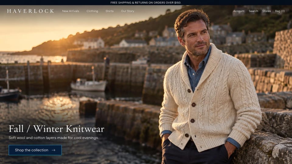 Fashion website design, men's knitwear in a harbor village at sunset: dark top bar, a man in a cream shawl-collar cable cardigan on a harbor wall at sunset with stone cottages behind, a white serif headline and a blue outlined button