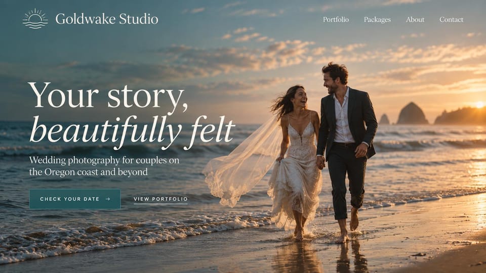 Wedding photographer website design, coastal wedding photographer with an italic headline: teal and gold sunset beach with sea stacks, a couple running through the shallows, a large white serif headline with an italic line and a teal button