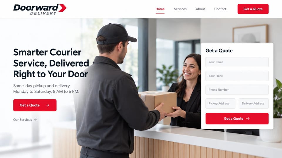 Logistics website design, courier with a quote form beside the hero: white page, dark headline, a courier in a dark jacket and cap handing a box across a reception counter, a white quote form card with red buttons