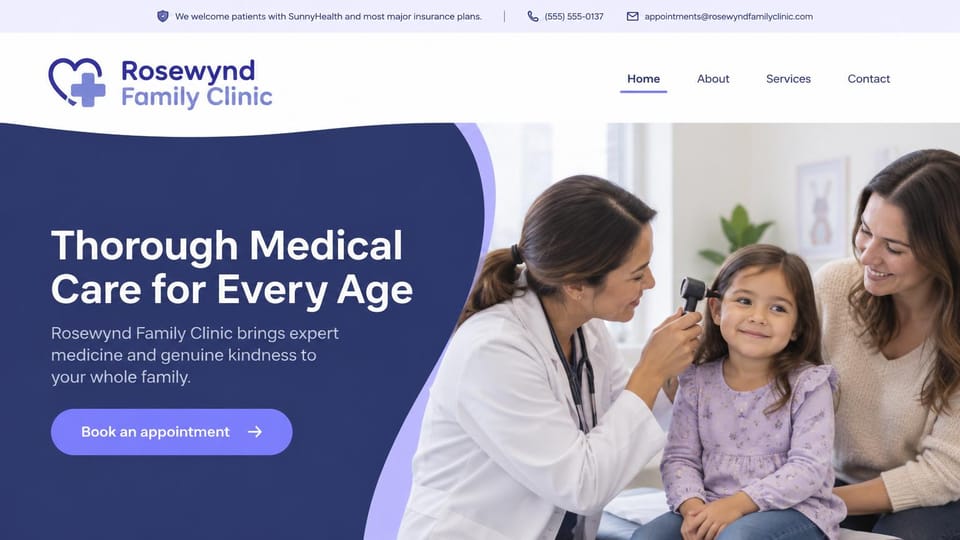Medical practice website design, family clinic with insurance in the top bar: lavender top bar, a curved navy panel with a white headline and violet button beside a doctor checking a girl's ear as her mother smiles