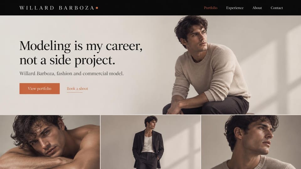 Model portfolio website design, male model with a career-first headline: black header, a warm gray studio, a dark serif headline, a rust button, a man in a beige sweater and a strip of three photos below