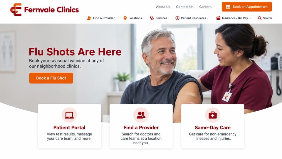Medical practice website design, neighborhood clinics with three quick links: white page, a red headline beside a nurse and a smiling man with a bandage, three white cards below
