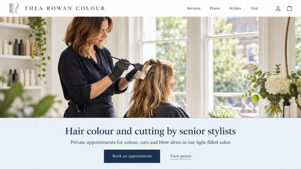 Salon website design, hair color by senior stylists, light and airy: white and pale blue, a stylist foiling a client's hair in a sunlit salon, navy serif headline below