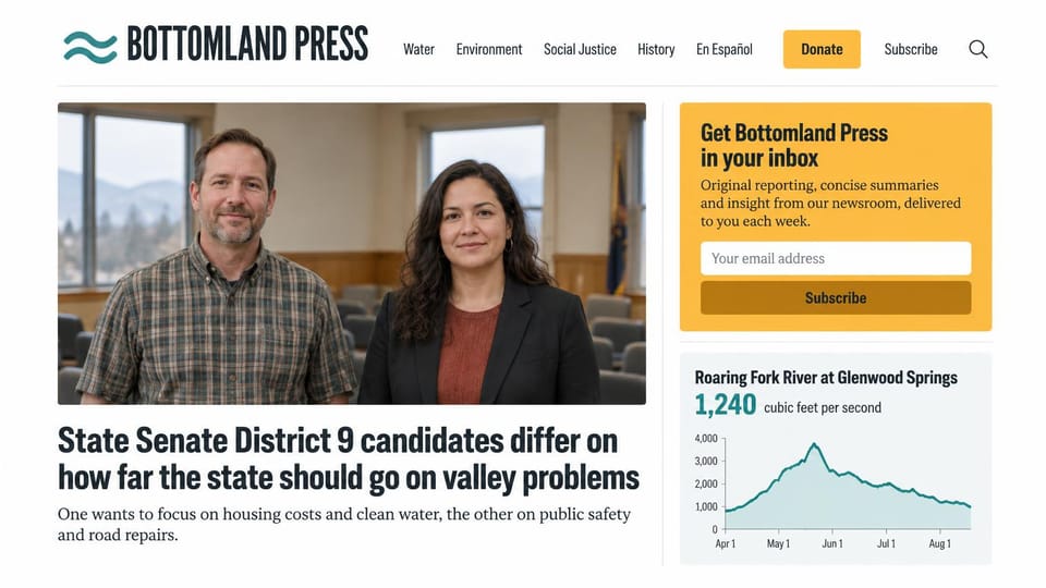 News and magazine website design, regional nonprofit news with a river flow chart: white page, teal wave logo, condensed masthead, a yellow donate button, two candidates in a meeting room, a yellow newsletter box and a teal river flow chart
