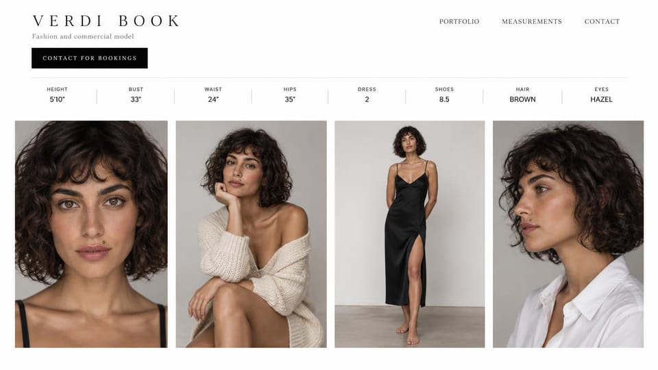 Model portfolio website design, fashion model with a measurements bar over four portraits: white page, spaced serif capitals, a black bookings button, a bar of measurements and four studio photos of a woman with dark curls
