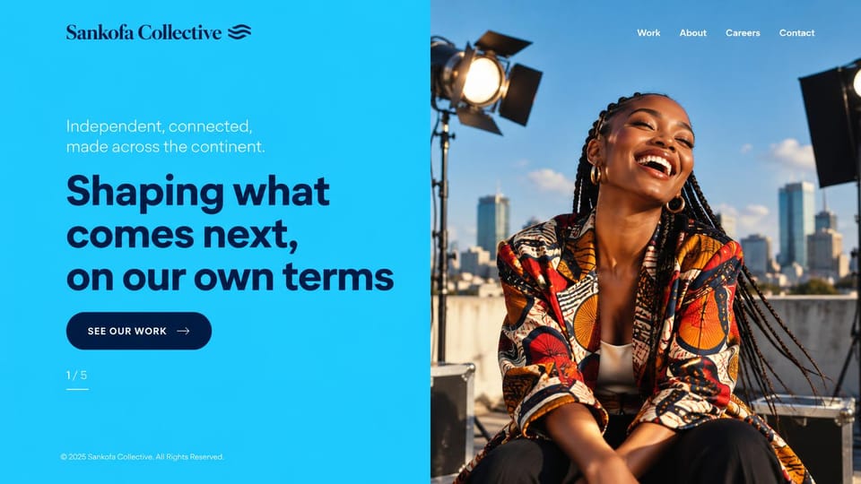 Agency website design, creative collective in bright blue: bright sky blue panel with a navy headline beside a laughing woman in a patterned jacket on a rooftop set