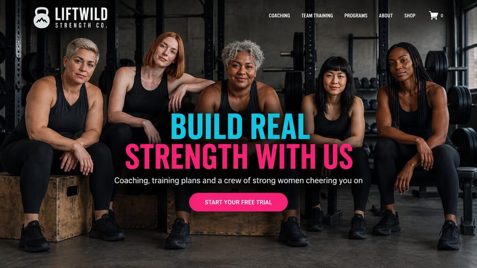 Personal trainer website design, women's strength gym with a crew photo: dark gym photo of five women of different ages sitting on boxes and benches, a centered cyan and pink condensed headline, a pink free trial button