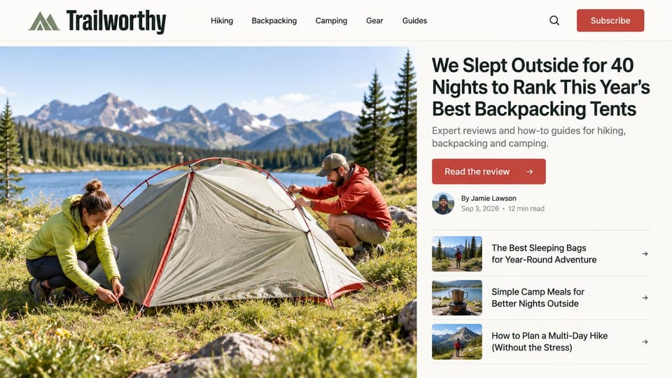 News and magazine website design, outdoor gear reviews with a camping photo lead: off-white page, dark green condensed wordmark with a mountain mark, red subscribe button, two hikers pitching a tent by a mountain lake, dark headline and red read button, three guide links