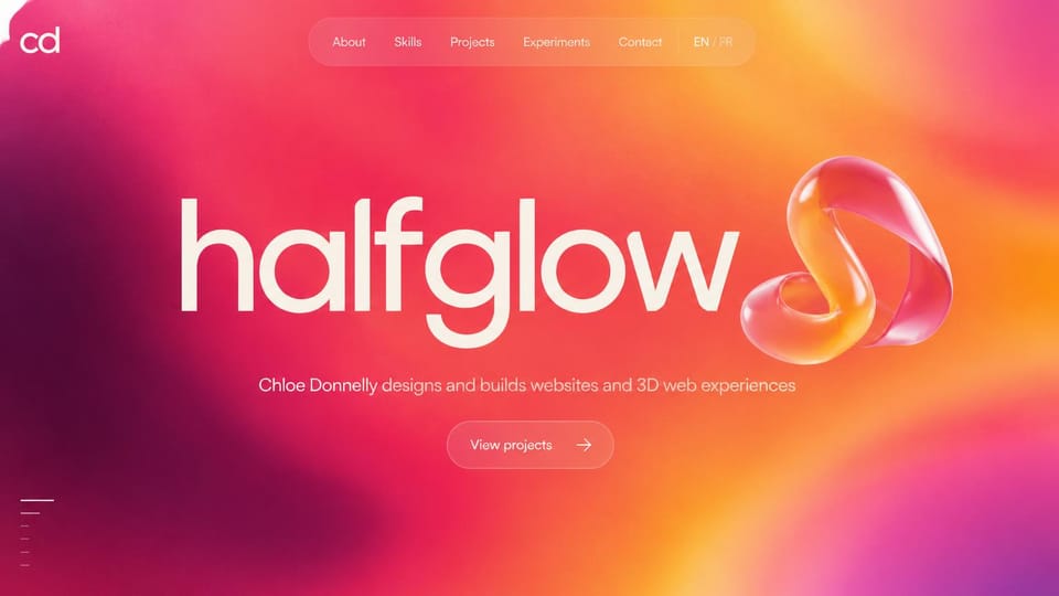 Portfolio website design, creative developer in a bright gradient: pink, red and orange gradient, a glossy 3D ribbon shape beside a large white name and a pill button