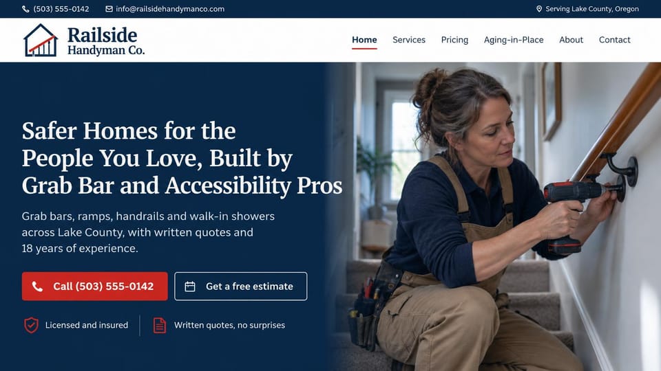 Handyman website design, grab bars and accessibility work for safer homes: navy top bar and hero, a white serif headline, a red call button and an outlined estimate button, a woman fitting a stair handrail with a drill