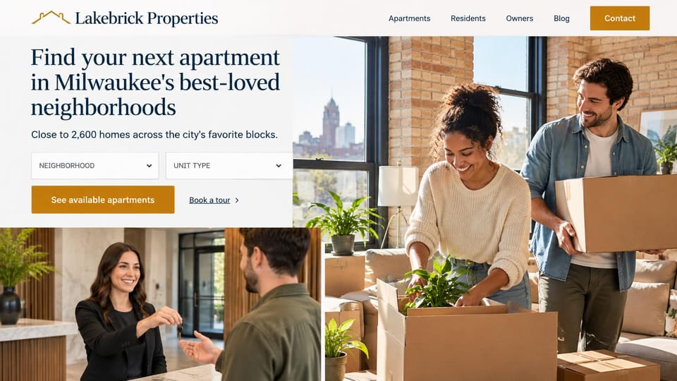 Property management website design, apartment leasing with a neighborhood search: white page, gold roofline logo and navy serif name, a navy serif headline, neighborhood and unit type dropdowns, a gold see apartments button, a couple unpacking in a loft and keys handed across a lobby desk