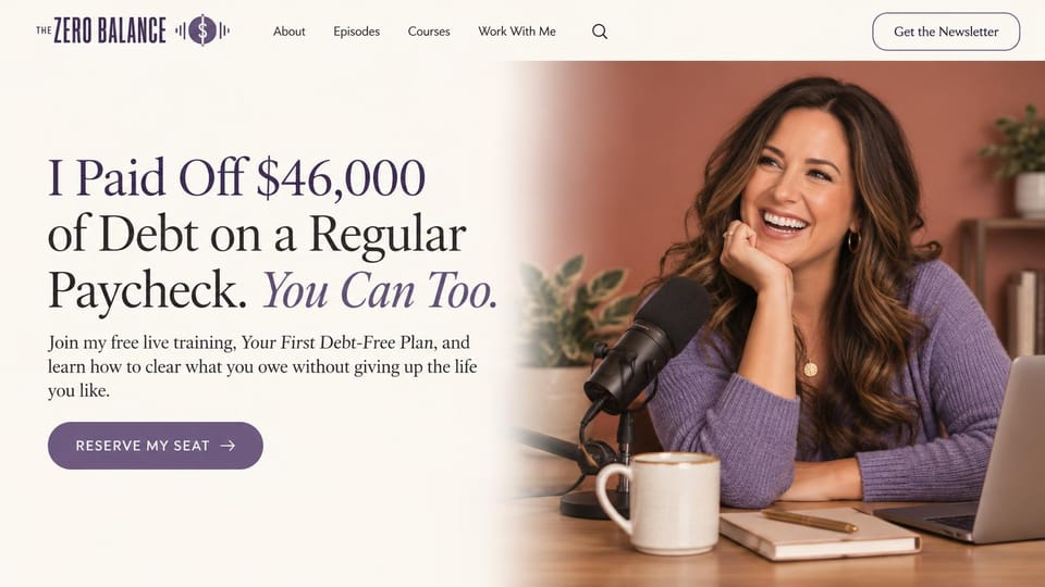Landing page website design, free webinar signup with the host's story: white left half with plum serif headline and purple reserve button, a smiling woman at a podcast mic on the right