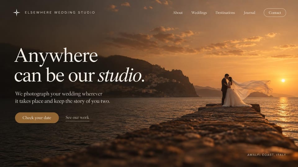Wedding photographer website design, destination wedding studio at golden hour: golden sunset over the sea with a couple kissing at the end of a rocky jetty, cream serif headline with an italic word, gold pill button