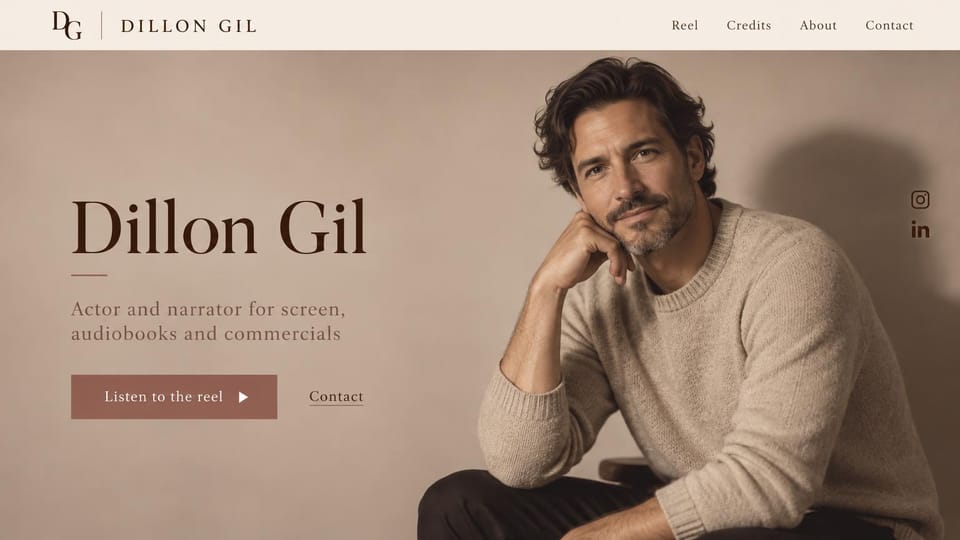 Actor website design, actor and narrator in warm taupe: warm taupe photo of a man in a cream sweater, a brown serif name, a dusty rose listen button and small social icons