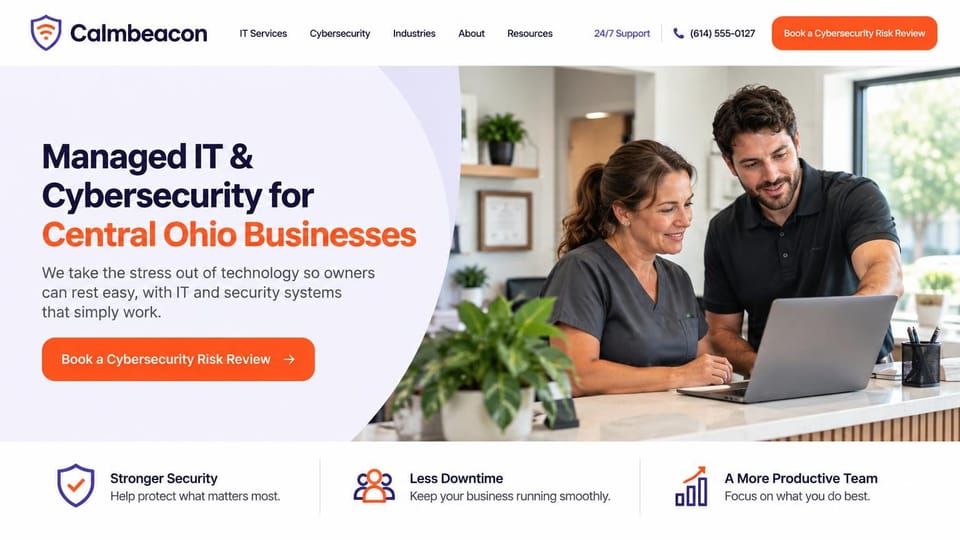 IT company website design, iT and security for local offices on lavender: white header with an orange button, a pale lavender curve, navy and orange headline, orange risk review button, a technician helping a woman in scrubs at a laptop, three benefit icons below