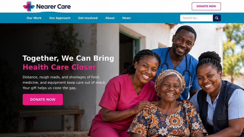 Nonprofit website design, community health with bright pink accents: white and pink, health workers with an older woman, white headline with a pink highlight