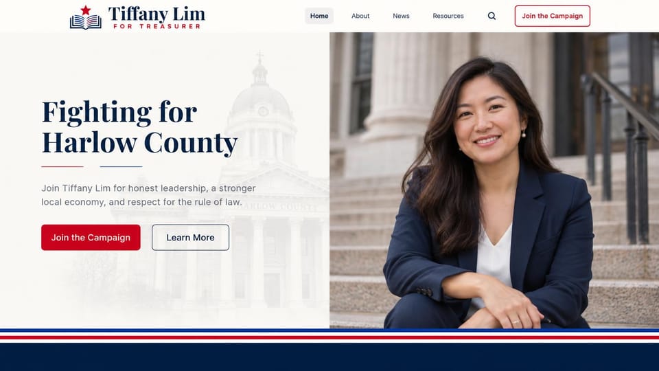 Political campaign website design, county treasurer on the courthouse steps: light page with a faded courthouse drawing behind a navy serif headline, a woman seated on stone steps, red and blue stripes