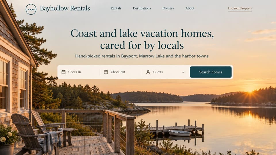 Vacation rental website design, coast and lake rental company with a search bar: sunset over a lake with a shingled cabin deck, wooden deck chairs and a dock, dark teal serif headline, white search bar with a teal button