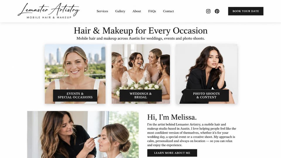 Makeup artist website design, mobile hair and makeup with three photo cards: white page, a centered serif headline over three photo cards, a photo of the artist at work beside a short intro