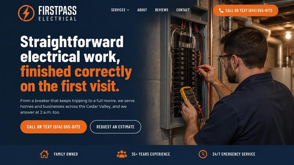 Electrician website design, right-the-first-time promise in navy and orange: dark navy page with a condensed white and orange headline, orange and outlined buttons, an electrician testing a basement panel with a yellow meter, three icons in a strip below