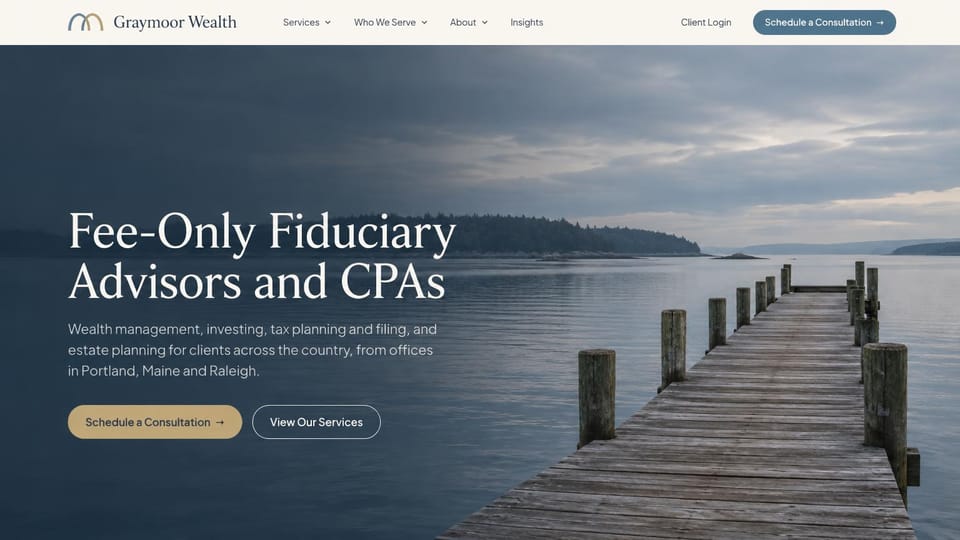 Financial advisor website design, fee-only advisors and CPAs on an overcast pier: overcast lake with a long empty pier, white serif headline at left, a tan pill button and an outlined one