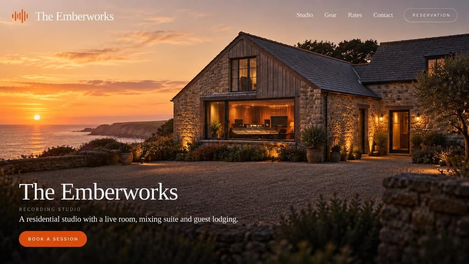 Recording studio website design, residential studio on the coast: a stone studio on a sea cliff at sunset, a console glowing through its window, large white serif name and an orange button