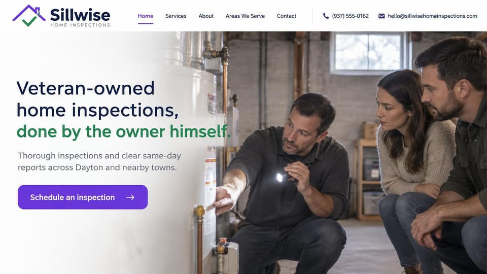 Home inspector website design, veteran-owned solo inspector at the water heater: white header with a purple and green roof logo, phone and email, a navy and green headline, a purple schedule button, an inspector showing a couple a water heater in a basement